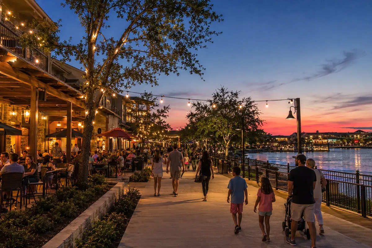Outdoor dining and shopping along the lakefront boardwalk in Cypress, TX
