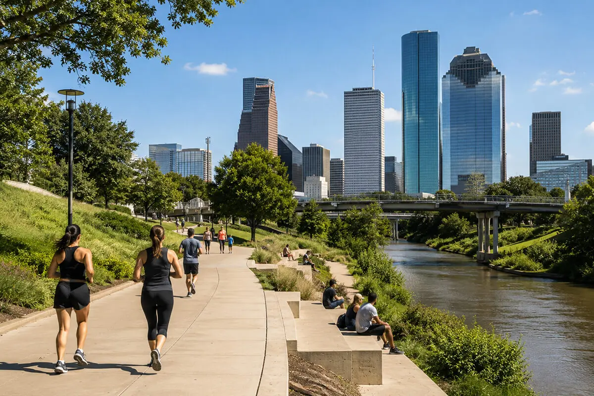 People enjoying Buffalo Bayou Park with downtown Houston skyline and walking trails on a sunny day