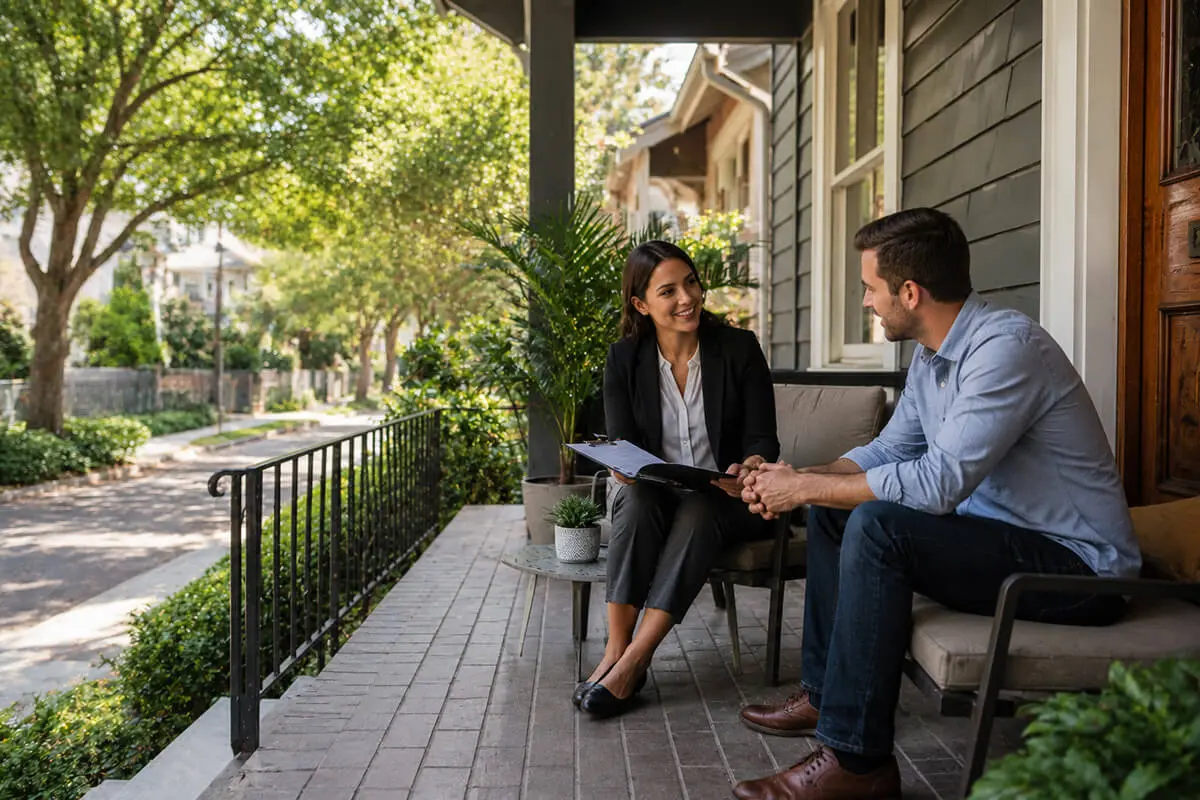 Property manager meeting with a Houston Proper homeowner outside a historic Heights style home