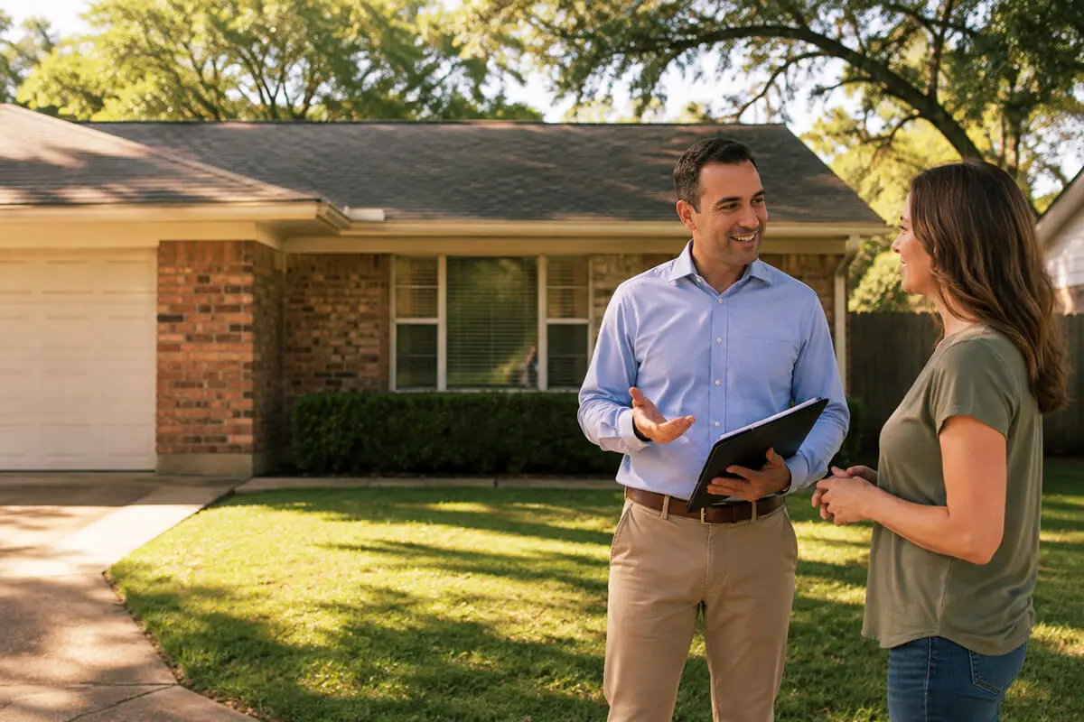 Property manager meeting with a homeowner outside a brick home in Jersey Village, TX