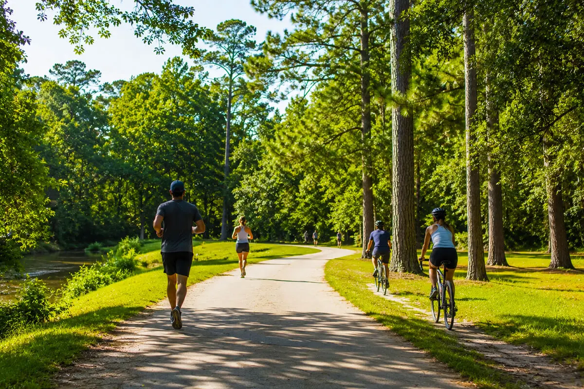 Joggers and cyclists enjoying a wooded park trail in Memorial TX