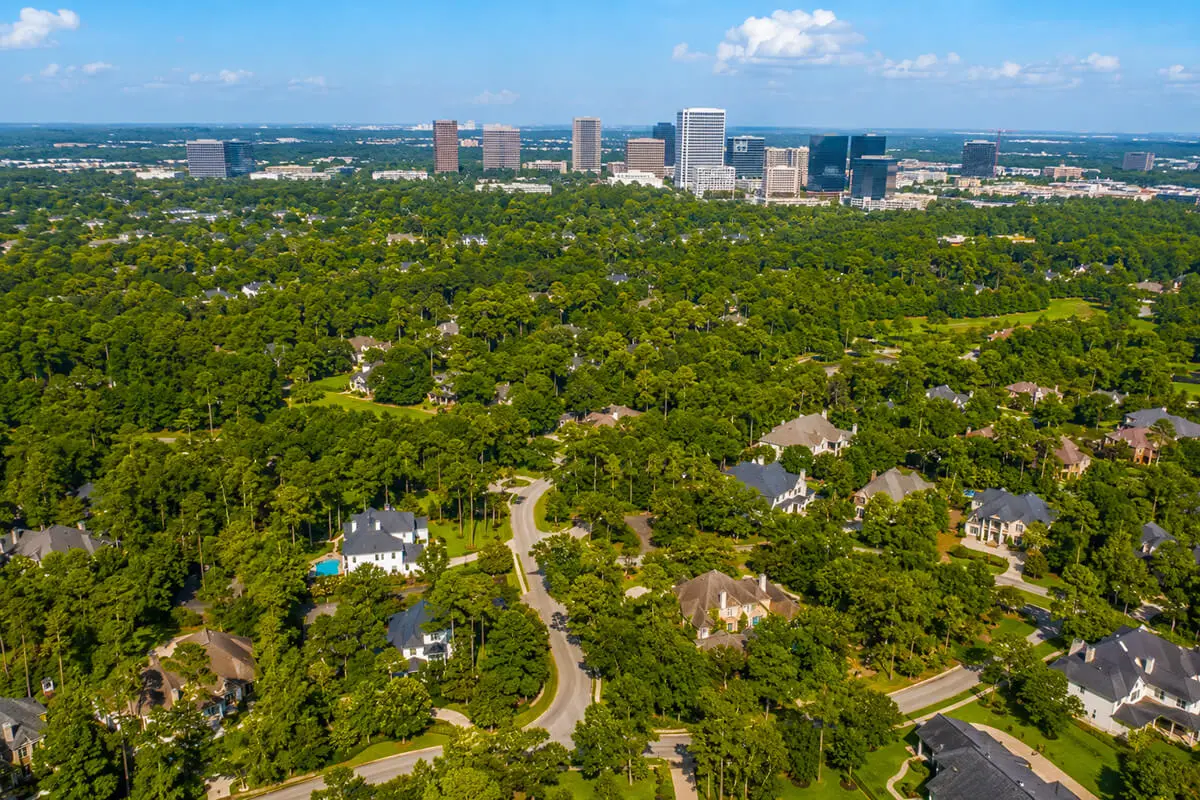 Aerial view of Memorial TX residential neighborhoods and Energy Corridor offices