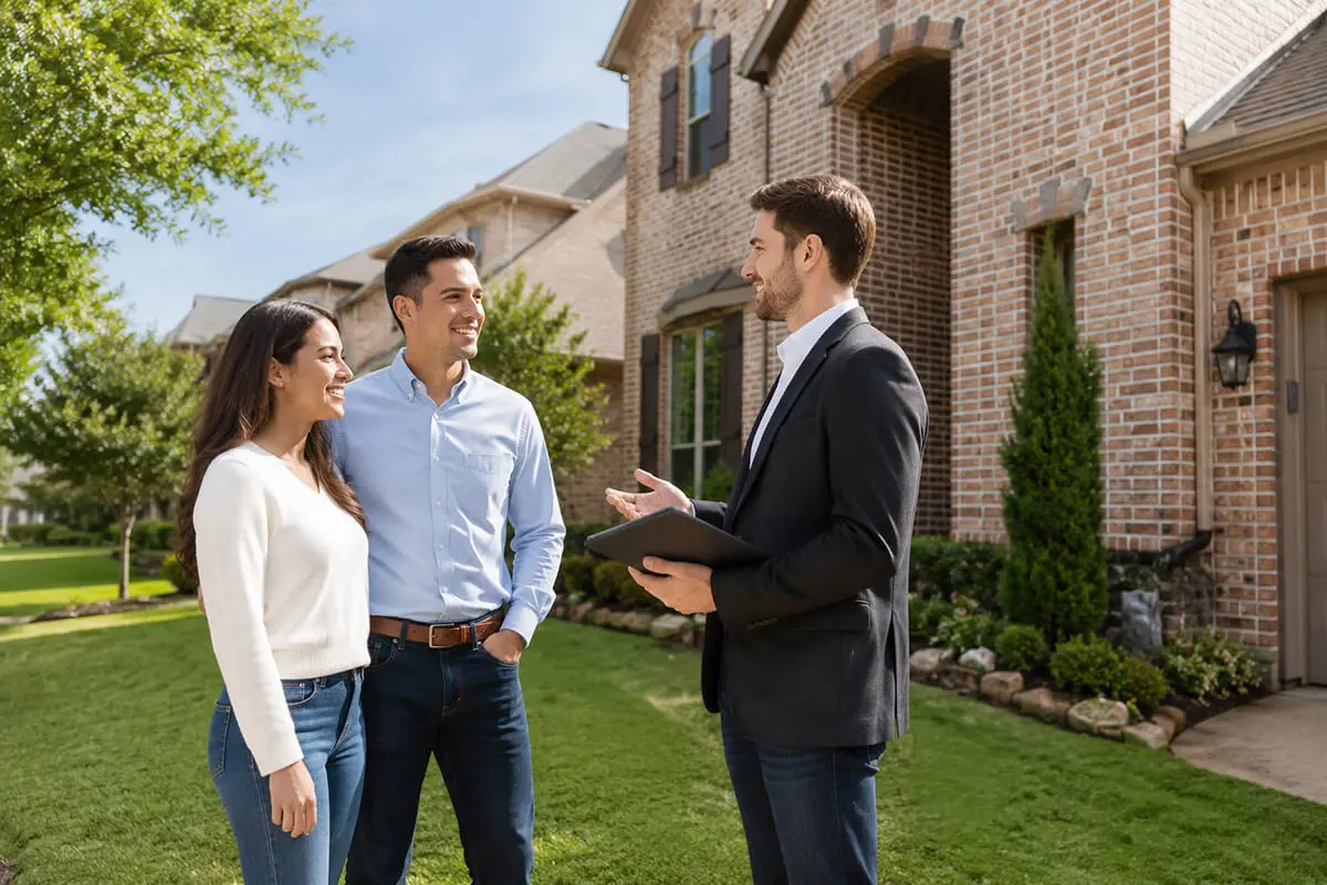 Property manager meeting with homeowners outside a well-maintained Sugar Land, TX home during a property management consultation.