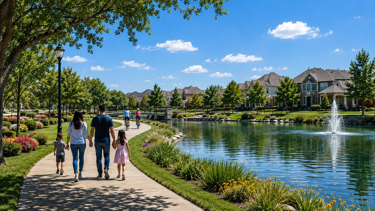 Walking trail beside a landscaped pond in a master-planned Sugar Land community with upscale homes and families enjoying the neighborhood.