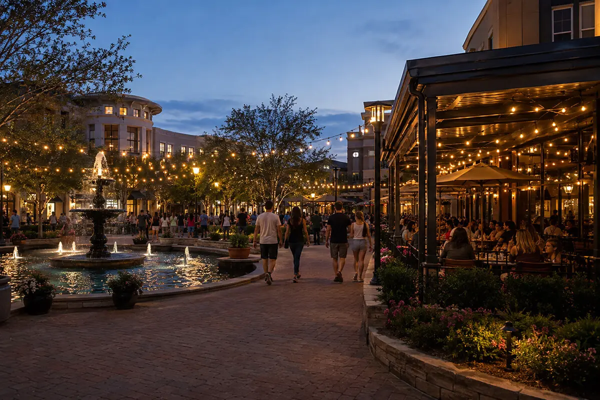 Evening view of Sugar Land Town Square featuring outdoor dining, a fountain, string lights, and a vibrant community atmosphere.