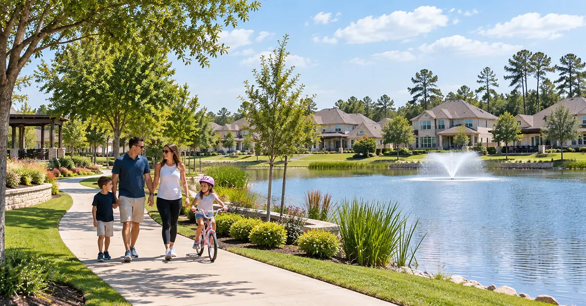 Family walking and biking along a lake in a master-planned Tomball, TX community