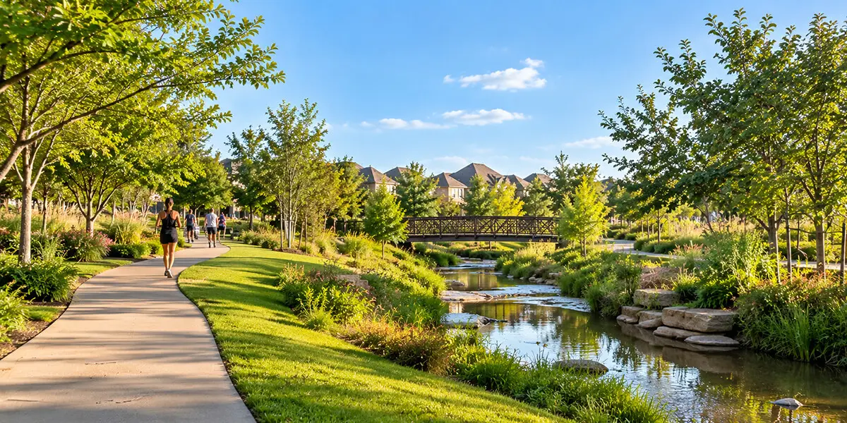 Cross Creek Ranch walking and biking trail in Fulshear, Texas, alongside a landscaped creek and pedestrian bridge.