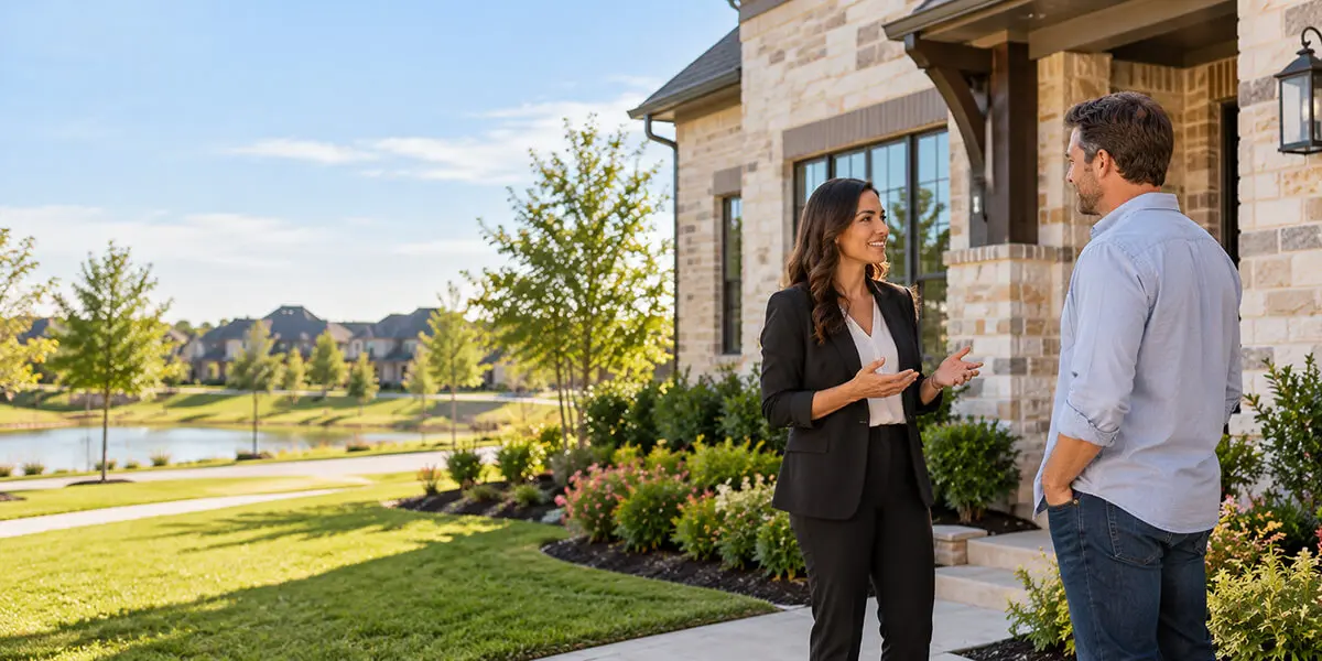 Property manager discussing a home with a homeowner in a Fulshear, Texas, residential community.