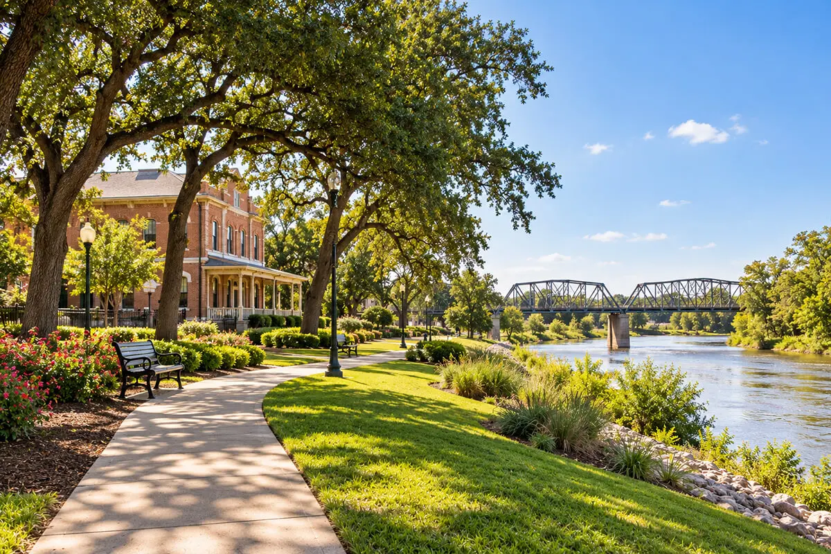 Riverside park with historic buildings and walking paths in Richmond TX