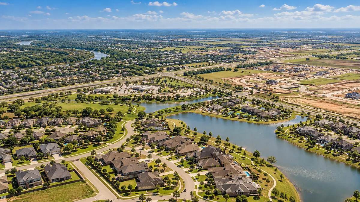 Aerial view of residential communities and new housing developments near Richmond TX
